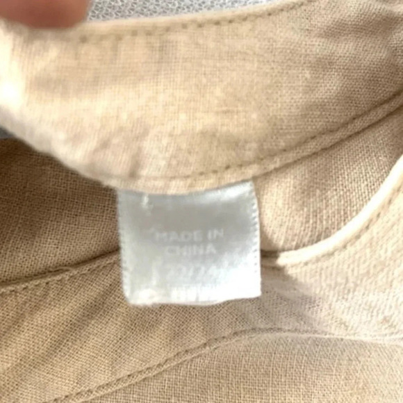 Beige Button Up Blouse Womens Linen Roll Tab Sleeve Minimalist Office 2X-3X - Picture 3 of 6